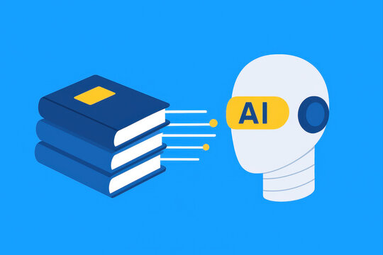 Artificial intelligence learning from books concept with robot head and stack of books on blue background&mdash;symbolizing machine learning, knowledge transfer, and artificial intelligence education.