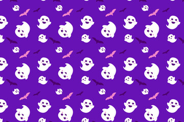 Obraz premium A playful Halloween seamless pattern featuring white ghosts and bats on a purple background.
