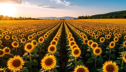 Obraz premium Sunflowers in a vast field at sunset