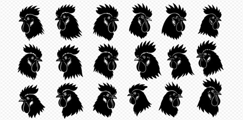 A pattern of twenty-one black silhouette rooster heads facing different directions on a transparent background.
