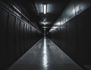 Dark corridor, industrial hallway