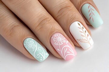 Elegant nail art featuring intricate floral and leaf designs in vibrant colors on a polished background.