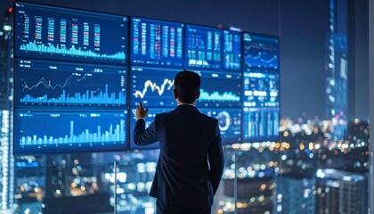Business analyst in suit—facing glowing financial charts against a city skyline; a visual of strategy, data, and the pulse of modern ambition.