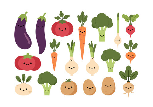Cute and colorful vegetables character set with happy faces