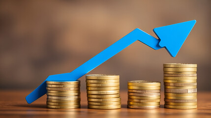 a blue arrow graphically ascends over stacks of coins indicating financial growth and progress