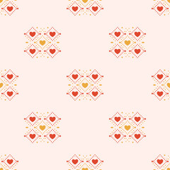 Heart pattern seamless with dots and diamond shape in yellow and red tone. Heart vector background. Concept of geometric, abstract, motifs, modern, lovely, greeting for paper, textile, texture, print.