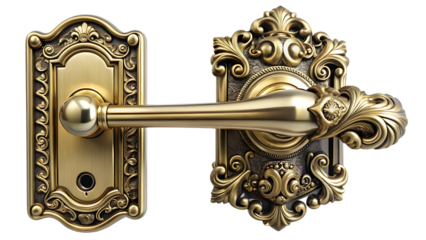 An ornate door handle made of brass, on a generic front door, isolated on a Transparent background