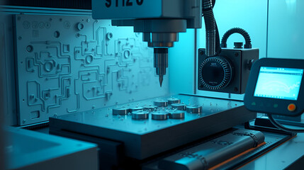 The CNC milling machine cutting the graphite electrode parts in the light blue scene, hyperrealism. with white shades