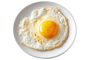 Fried egg on a white plate.  A single fried egg sits in the center of a small, white plate. The egg is cooked sunny-side up, with a runny yolk and browned edges
