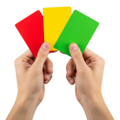 hands holding red, yellow, and green cards on Isolated transparent background png. generated with AI