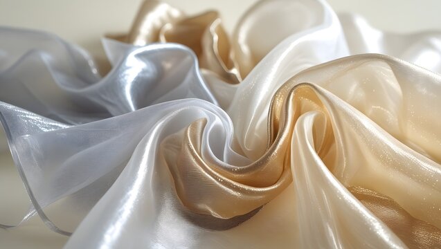 Close up of flowing sheer fabric in shades of silver gold and champagne with soft light and elegant folds