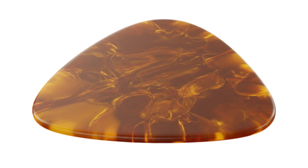 Close-up view of a translucent guitar pick with natural amber and brown tones isolated on a dark studio backdrop transparent background PNG, Realistic