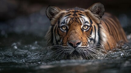 Fototapeta premium Majestic tiger emerges from dark water, intense gaze captivating its surroundings