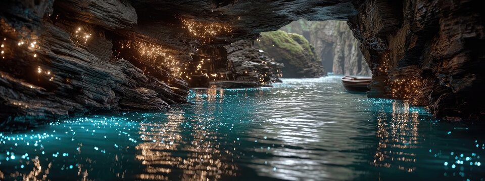 Bioluminescent cave water, dark rocky walls, small boat