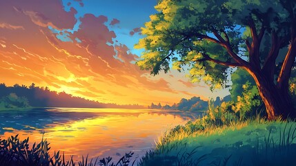 Obraz premium Serene Sunset Over Lake Digital Painting of Calm Waters with Trees, and and Golden Sky.