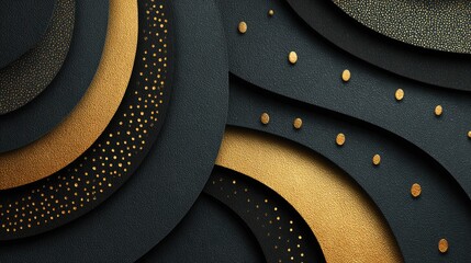 Abstract design with gold accents on black layered circles