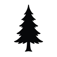 A simple black silhouette of a classic evergreen pine or fir tree, isolated on a white background.