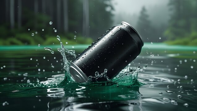 Black cylindrical object splashing into dark green water with forest in the background and water droplets in the air