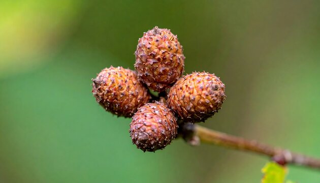 Close-up of small, clustered, light brown pine cones on a branch, with a soft green background.