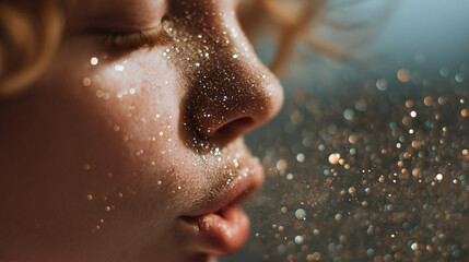 A polished, market-friendly photograph expressive, freckled woman with vibrant smile and glittery lips - close-up portrait.
