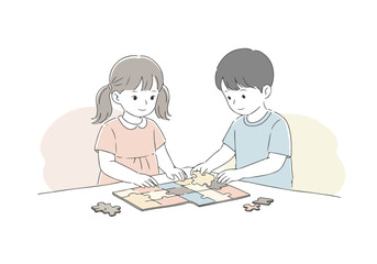 Kids completing jigsaw puzzle at table; teaching problem solving skills