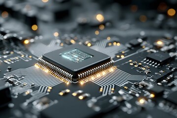 Elegant microchip embedded in sleek, innovative circuit board within a pristine high-tech studio.