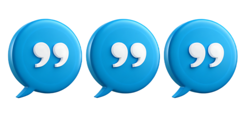 Three Blue Speech Bubbles with White Quotation Marks against Black Background Emphasizing Communication