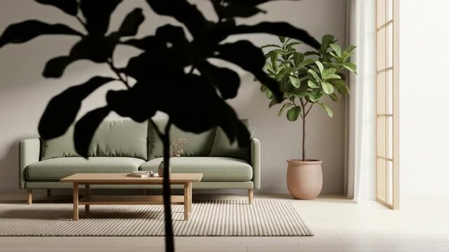Revealing Stylish Living Room: Modern Sofa, Natural Light & Fiddle Leaf Fig Tree