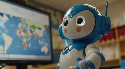 Cute robot assistant teaching geography with a digital world map in a classroom