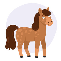 Character, brown spotted horse, pony. Cute happy animal character.