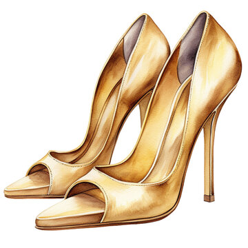 Golden high heels watercolor style clipart collection, isolated on a transparent background