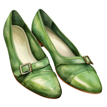 Green shoes watercolor style clipart collection, isolated on a transparent background