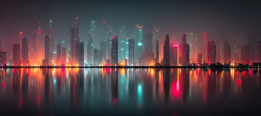 City skyline at night, vibrant reflections