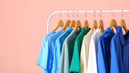 Obraz premium A selection of various colorful shirts and tops on a white clothes rack against a pastel pink backdrop.