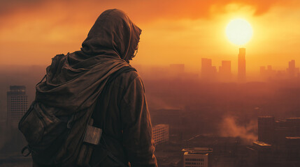 A multi-purpose visual content highlight a lone traveler stands under a sunset-kissed city skyline, ready for the evening and next day.