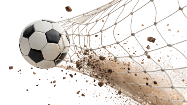Soccer Ball in Net Mid-Goal – Action Captured, Isolated on Transparent Background, AI Generated
