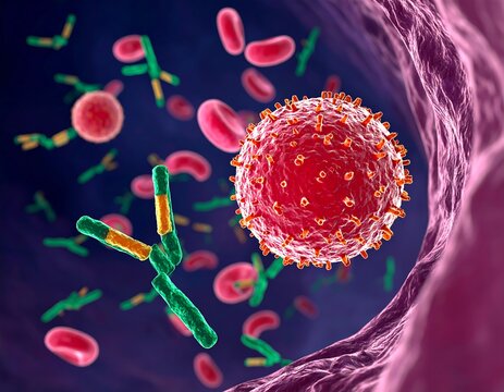 Microscopic view of a virus attacked by antibodies and red blood cells in bloodstream. - Powered by Adobe