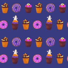 Playful Halloween sweets pattern on deep blue: cupcakes and donuts with spooky decoration Bright cartoon design for kids prints, packaging, wrapping and party decor. Seamless vector holiday background