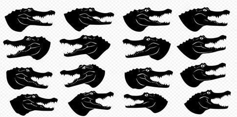 A set of sixteen black alligator head silhouettes with open mouths and sharp teeth arranged in a grid.