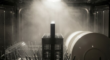 Interior view of a dishwasher mid-cycle, filled with steam and dishes. Focus is center, highlighting the internal elements of the appliance.