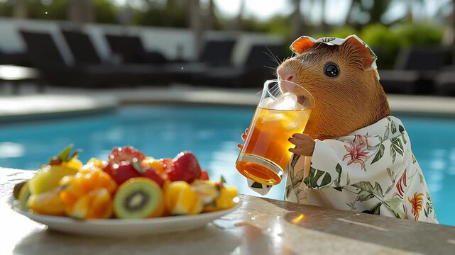 Guinea pig enjoying tropical drink by the poolside on a sunny day