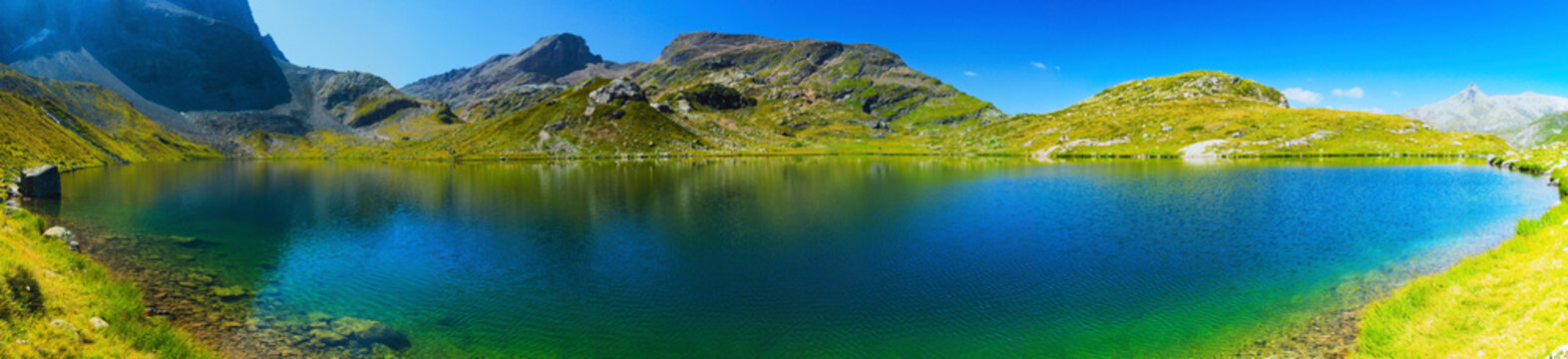 Wide format panorama of the Albula Alps and the Alpine lake Leg Grevalsalvas, within walking distance from Julier Pass, Canton Graub&uuml;nden, Switzerland