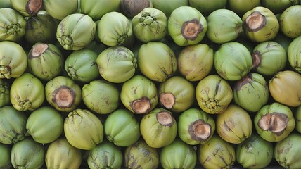 Tropical coconut harvest pile with many green coconuts closely arranged showing brown cut marks in full frame view
