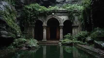 Fototapeta premium Ancient stone structure, overgrown with vines, reflecting in a dark pool