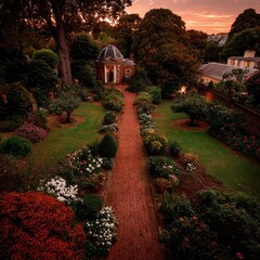 Scenic garden path at dusk