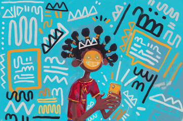 Teen african boy wearing happy face mask, texting message. Street art and graffiti design