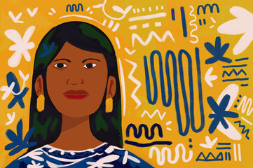 Mid age woman pacific islander portrait, summer color. Street art and graffiti Gaugin art influence.