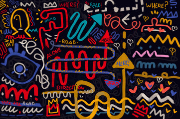 take a direction concept art background. Colorful arrow with life choices. expressionism style