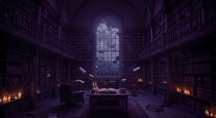 Interior of a haunted ancient library. Towering shelves with books flying in the air. Candlelight illuminating the room