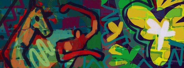 Obraz premium Dark wall art with grunge flower and animal human. gloomy banner street art, urban art hand drawn. Fauvism art style